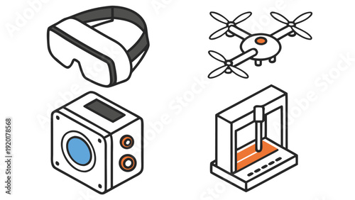 Modern Technology Gadgets Isometric Set with VR Headset, Drone, Action Camera, and 3D Printer