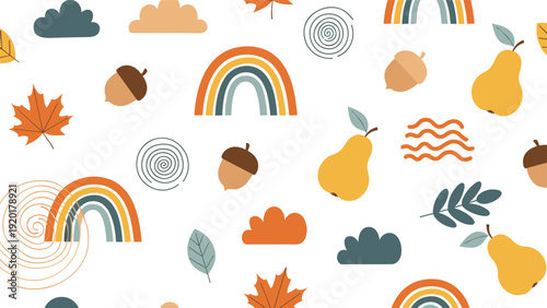 Seasonal autumn pattern is filled with charming illustrations of rainbows, acorns, fallen maple leaves, yellow pears, and soft clouds.