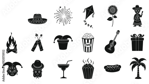 Group of black silhouette icons illustrates various festival and vacation elements including a guitar, sombrero, fireworks, and snacks.