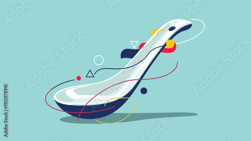 Stylized white ceramic spoon is decorated with flowing abstract lines and geometric shapes in a modern and artistic graphic illustration.