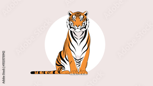 Majestic tiger is depicted sitting calmly against a soft white circular background in a clean and detailed animal illustration style.