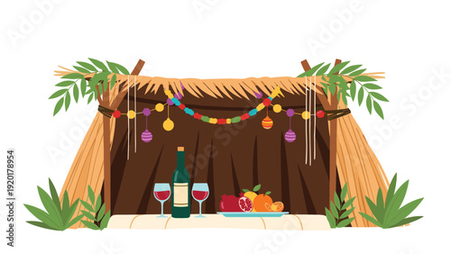 Traditional Jewish sukkah hut is decorated for the Sukkot holiday with a table set with a bottle of wine, glasses, and fresh fruits.