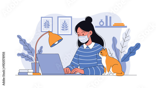 Woman wearing a protective face mask works on a laptop in a bright room with her orange cat sitting beside her in a work from home scene.