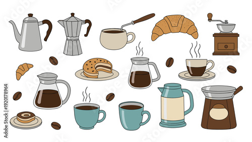 Variety of coffee related items is shown including different pots, cups of espresso, coffee beans, croissants, and a manual bean grinder.