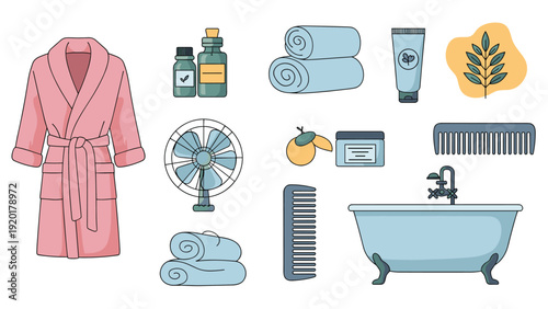 Selection of health and beauty spa icons includes items like a pink bathrobe, stacked towels, a bathtub, and various skin care products.