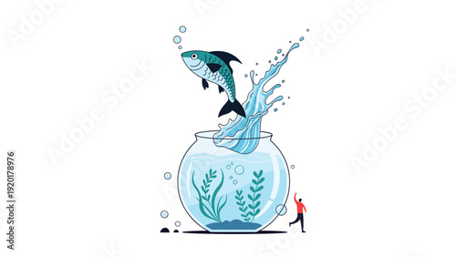 Large blue fish leaps out of a small glass fishbowl into the air while a tiny person figure watches in a surreal conceptual illustration.