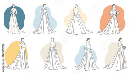 Set of bridal fashion sketches showcases various wedding gown designs against a backdrop of soft pastel colored organic background shapes.