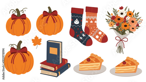 Cozy autumn elements including pumpkins with bows, warm knitted socks, a stack of books, apple pie slices, and a bouquet of fall flowers.