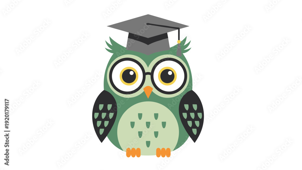 Fototapeta premium Wise green owl wearing a gray graduation mortarboard cap and glasses representing knowledge and academic success.