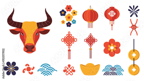 Traditional Chinese New Year elements including an ox head, lanterns, flowers, and ornaments in red and gold colors.