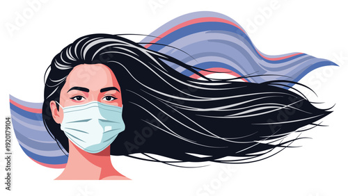 Portrait of a woman with long flowing dark hair wearing a white medical face mask against a striped background design.