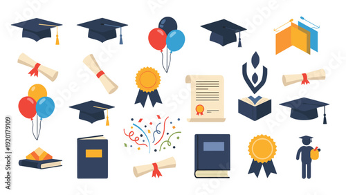 Comprehensive set of graduation themed icons including caps, diplomas, balloons, books, and medals for academic success.