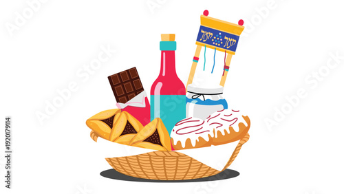 Traditional Purim holiday gift basket containing wine, chocolate, hamantaschen pastries, and a scroll on white backdrop.