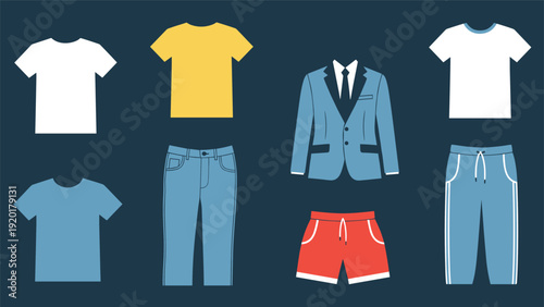 Comprehensive collection of men's clothing items including t-shirts, jeans, a suit jacket, and shorts on a dark background.