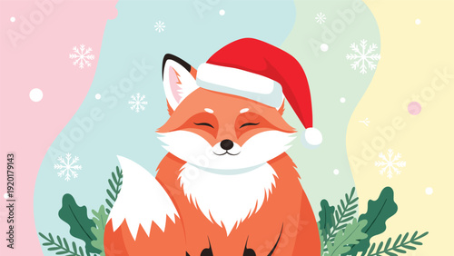 Cute red fox wearing a santa claus hat and sleeping peacefully among green pine branches and falling snowflakes.