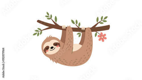 Adorable sloth hanging upside down from a tree branch with green leaves and a small pink flower on a white background.