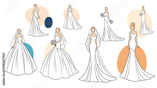 Elegant collection of various bridal gown sketches showing different styles and silhouettes for a wedding celebration.