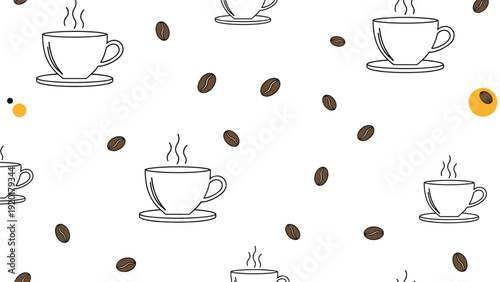 Seamless pattern featuring line art illustrations of steaming coffee cups and scattered roasted coffee beans on a white background.