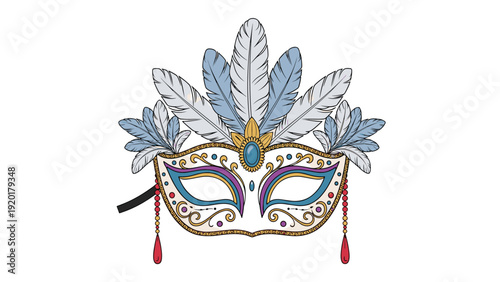 Detailed illustration of an ornate carnival masquerade mask decorated with colorful feathers, beads, and intricate gold patterns.