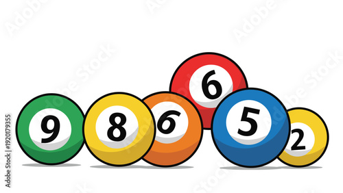 Collection of vibrant billiard balls with different numbers and colors arranged in a casual group against a white background.
