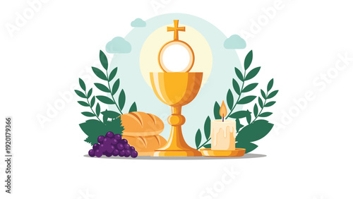 Religious illustration of First Holy Communion symbols including a golden chalice, bread, grapes, a candle, and olive branches.