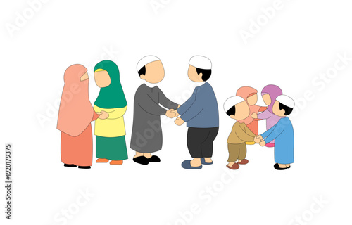 Muslim family gathering with traditional clothing and head coverings