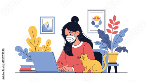 Young woman wearing a medical mask works on her laptop at home with a cute yellow cat sitting nearby in a bright modern environment.