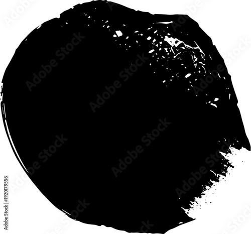 A black paint smear or ink blot on a white background, resembling a circular brush stroke