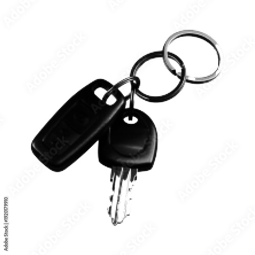 Black and white halftone house key illustration isolated on white background. Vintage engraved style keychain with tag, real estate and property ownership concept.