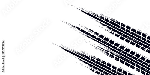 Tire track. Car, bike, motorcycle tyre mark with grunge effect isolated on white background. Wheel footprint on the road. Top view of rubber protector mark