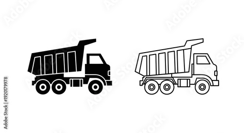 Two black and white dump truck illustrations on a white background Vector