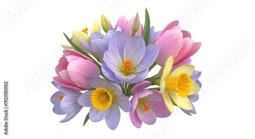 Small Spring Bouquet of Purple Crocus and Yellow Daffodils

Early Spring Blooms featuring Crocus and Narcissus

Fresh Wildflowers Arrangement Isolated on White Background