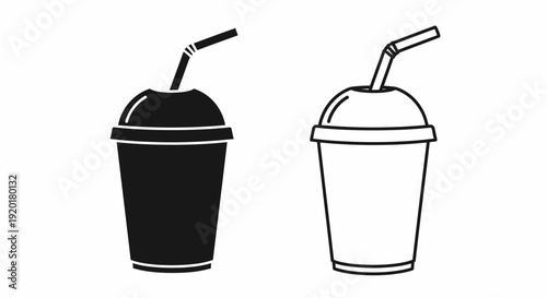 Two drink cups with straws, black and white line art, minimalist design, beverage icons Vector