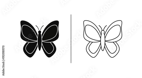 Elegant butterfly designs: minimalist line art and solid black butterfly illustration Vector