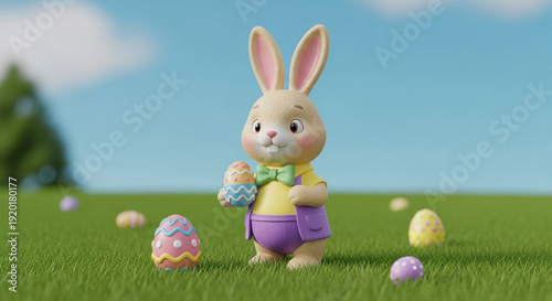 Easter Bunny with Colorful Painted Eggs on Green Grass

Cute 3D Easter Rabbit Character with Decorative Eggs

Spring Easter Celebration with Bunny and Easter Eggs
