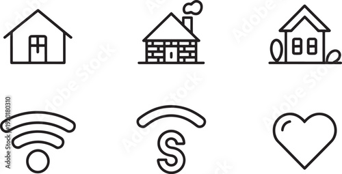 Black and white of houses and symbols building home wifi heart