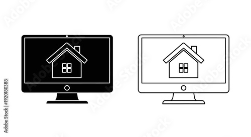 Modern home design displayed on computer screens, minimalist house icon, simple house Vector
