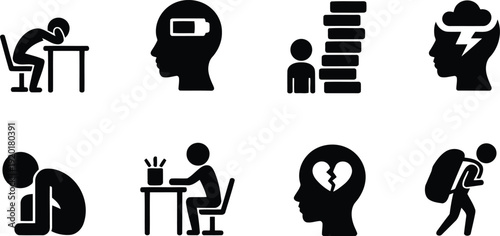 Teen Burnout silhouette symbol set featuring exhaustion, mental depletion, academic overload, stress, and emotional fatigue