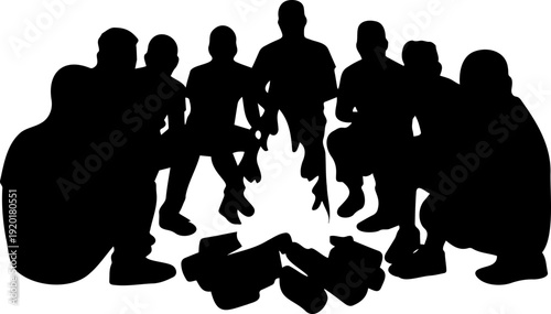 A group of people sitting around a campfire in a black silhouette vector graphic