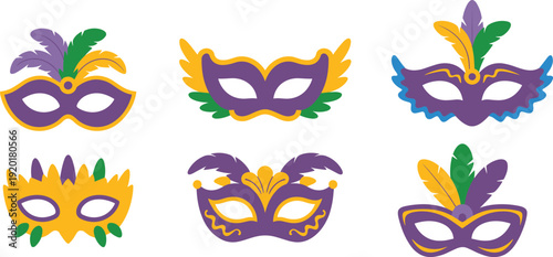 Colorful Mardi Gras carnival mask collection with feathers in purple, green and gold, festive vector illustration isolated on white background