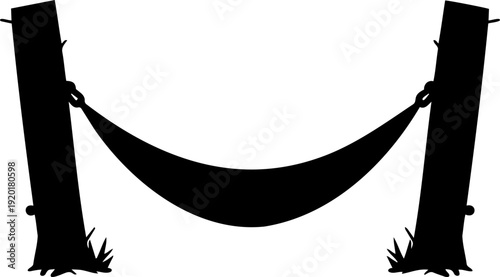 A minimalist black silhouette of a hammock suspended between two trees on a white background