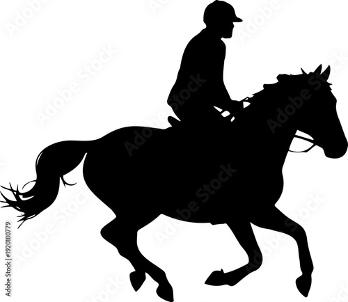 A silhouette of a horseback rider in motion on a white background