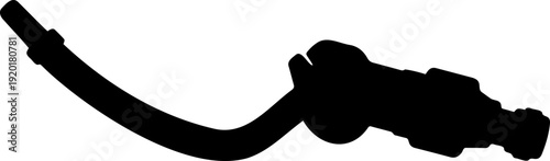 A black silhouette of a hose with a nozzle on a white background