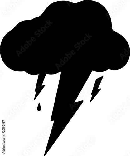 A black silhouette of a storm cloud with lightning bolts on a white background
