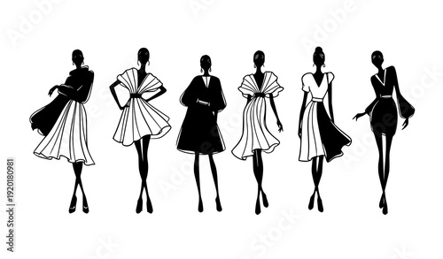 Artistic fashion model silhouette line art vector illustration