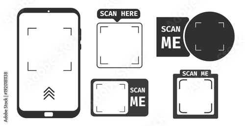 Scanning frames Qr codes stickers and scan me phone tag inscription. Phone arrow, borders. QR code mockup, layout. Qr code for payment, e-wallet, web, mobile app. UI UX design element set