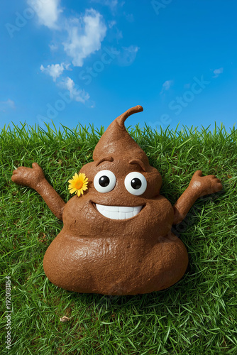 Cheerful and Joyful Brown Turd Character with a Flower Reclining on Lush Green Grass under a Clear Blue Sky
