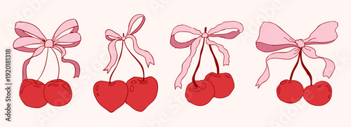 Coquette cherry with bow set. Cute cherries with ribbon. Elegant girly y2k for posters, cards, logo, printing. Aesthetic, trendy pink girly berry crafts bows coquette,