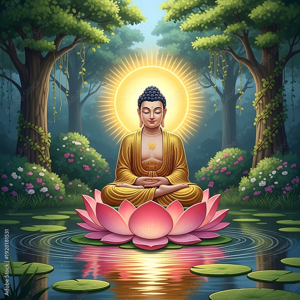 Obraz premium Enlightened figure meditates serenely upon a large blooming flower floating on calm water surrounded by lush woodland
