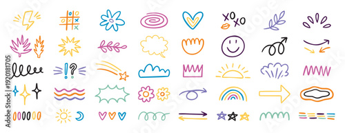Playful kids doodle elements set with colorful icons and cute shapes. Hand drawn.